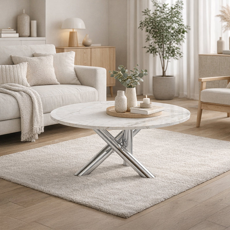 STOLIK KAWOWY NEXO OKRĄGŁY SREBRNY BIAŁY MARMUR 80 CM NEXO-CH-WH