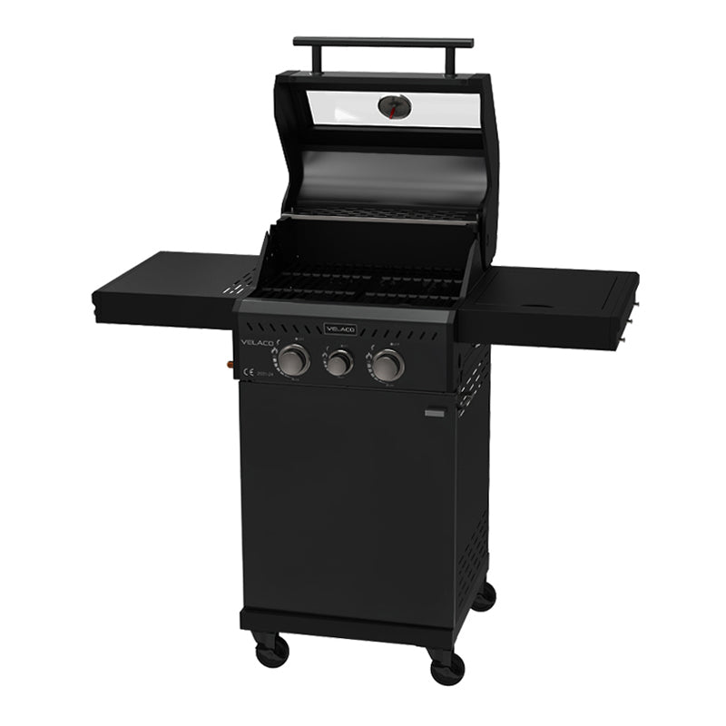 GRILL OGRODOWY GAZOWY Z POKRYWĄ I PÓŁKAMI ZEUS-A CZARNY RUSZT ŻELIWNY ZEUS-A