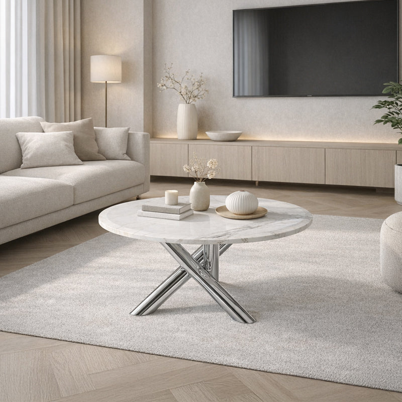 STOLIK KAWOWY NEXO OKRĄGŁY SREBRNY BIAŁY MARMUR 80 CM NEXO-CH-WH