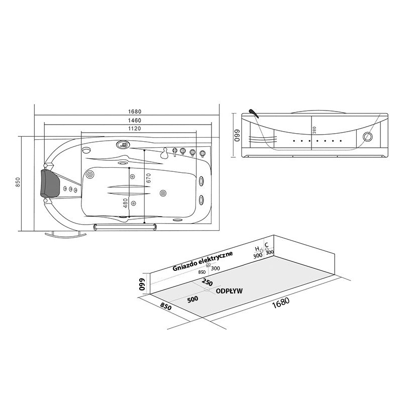 WANNA Z HYDROMASAŻEM RAMZES 634 BIAŁA 168x85 CM RAMZES-634-168X85