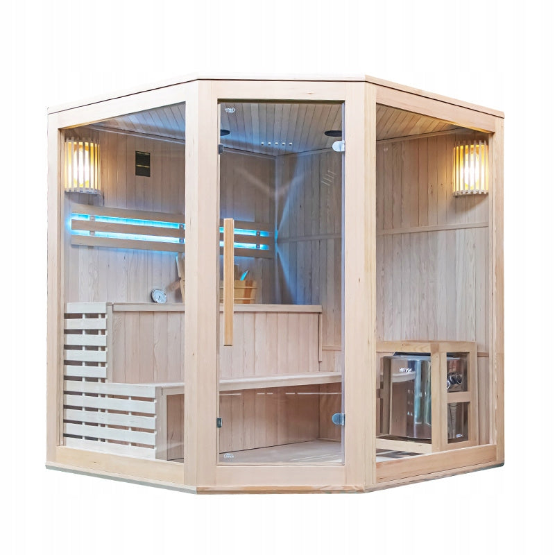 SAUNA FIŃSKA WYSOKOTEMPERATUROWA Z PIECEM BODO7/HARVIA 5-6 OSOBOWA 180x180 BODO7