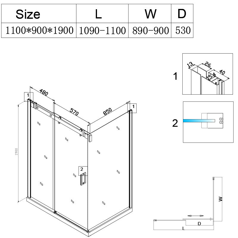 KABINA PRYSZNICOWA PROSTOKĄTNA KZ202B ZŁOTA 110x90 CM KZ202B-GL-110X90