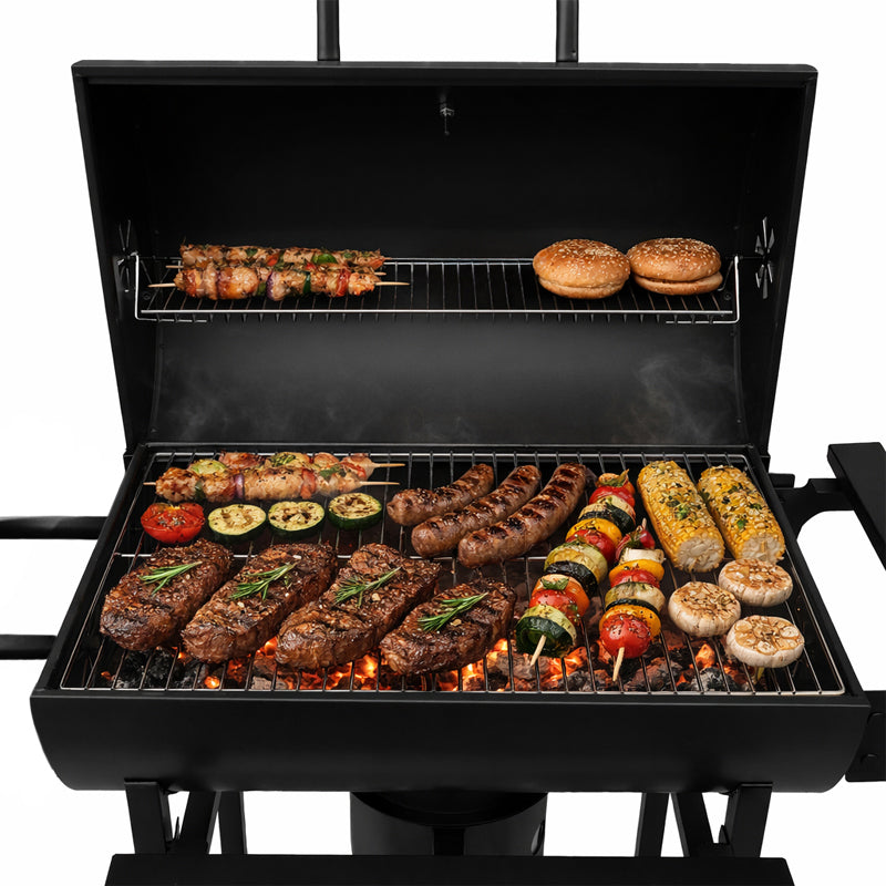 GRILL OGRODOWY WĘGLOWY Z POKRYWĄ I PÓŁKAMI VL03 CZARNY VL03-BLACK