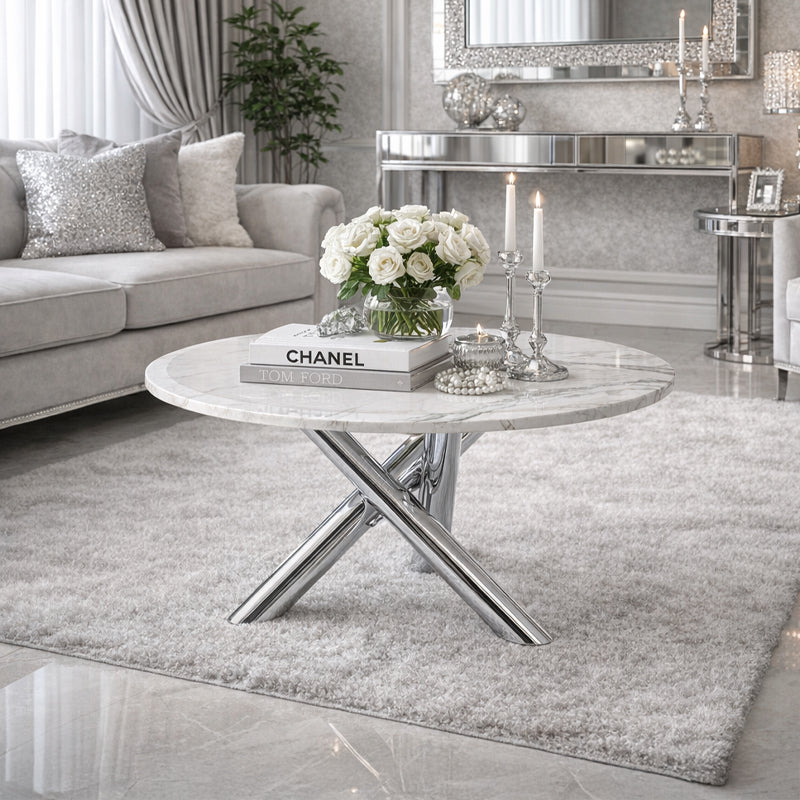 STOLIK KAWOWY NEXO OKRĄGŁY SREBRNY BIAŁY MARMUR 80 CM NEXO-CH-WH