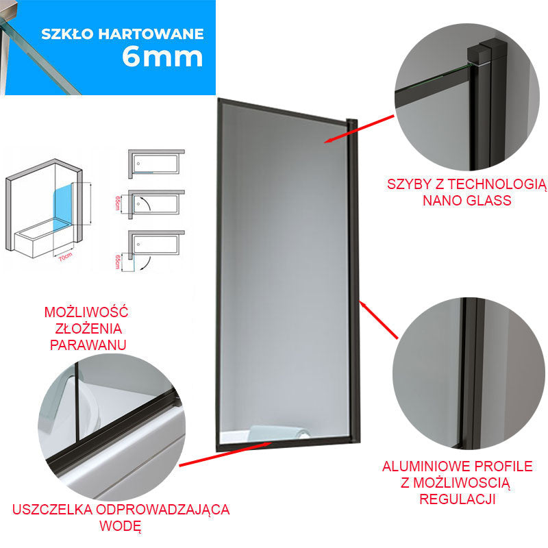 PARAWAN NAWANNOWY PR03 CZARNY 70x140 CM 6 MM PR03-BL-70X140
