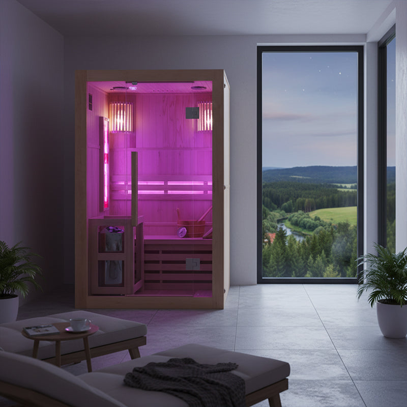 SAUNA FIŃSKA WYSOKOTEMPERATUROWA Z PIECEM KEMI1/HARVIA 1-2 OSOBOWA 120x105 KEMI1