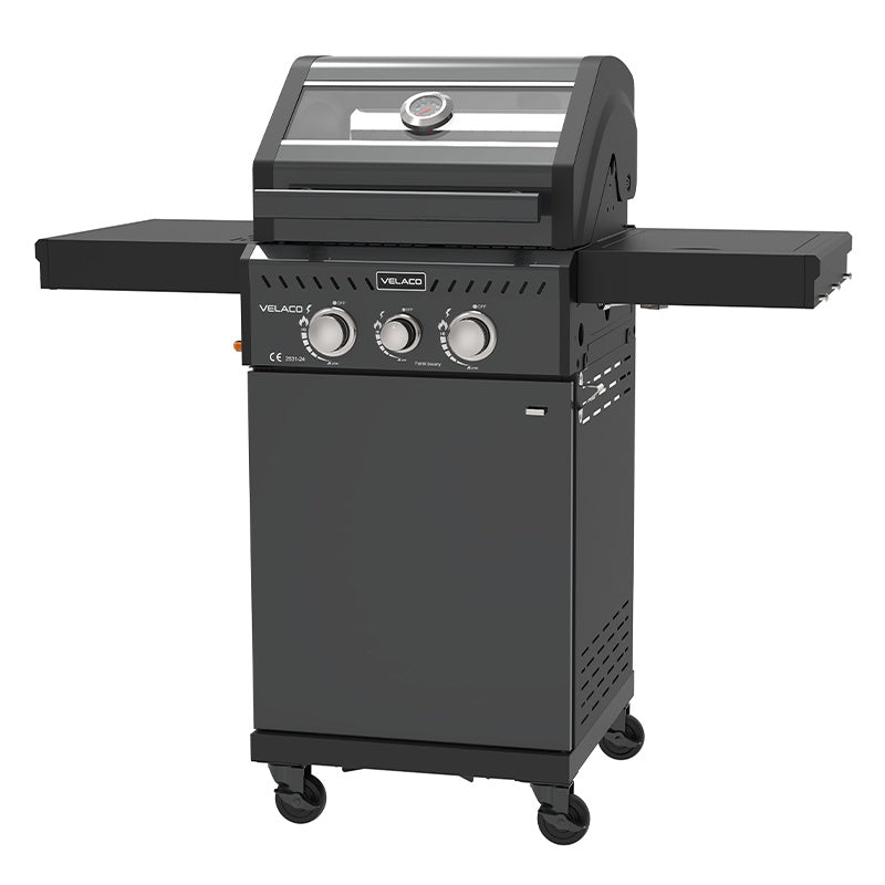 GRILL OGRODOWY GAZOWY Z POKRYWĄ I PÓŁKAMI ZEUS-A CZARNY RUSZT ŻELIWNY ZEUS-A