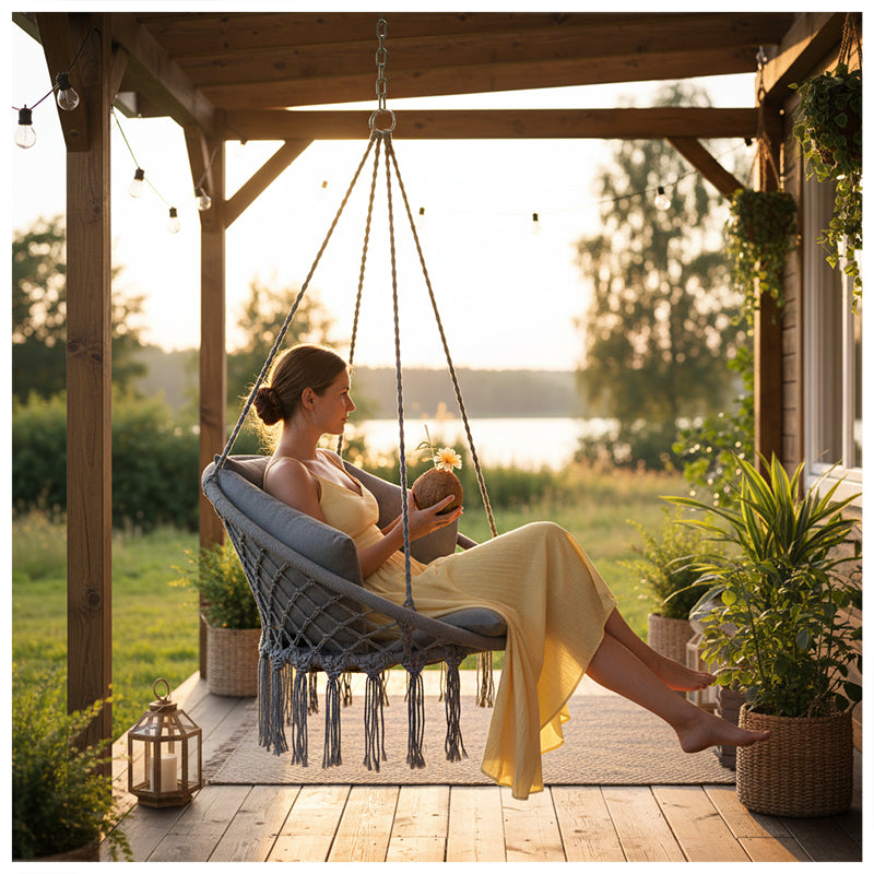 FOTEL OGRODOWY WISZĄCY BOCIANIE GNIAZDO HUŚTAWKA Z PODUSZKĄ LEA SZARY LEA-GR