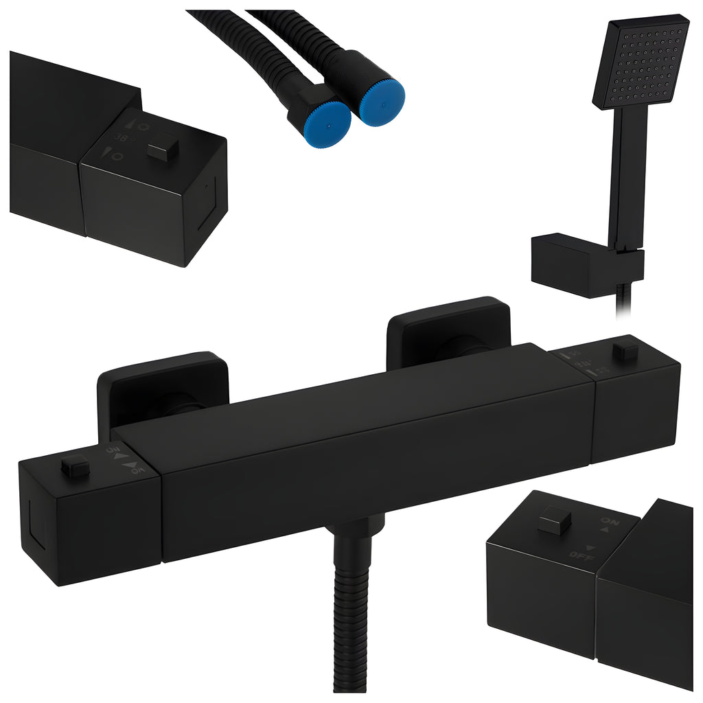 BATERIA WANNOWA ŚCIENNA PRYSZNICOWA ZESTAW Z TERMOSTATEM T202B-BL CZARNA T202B-BL