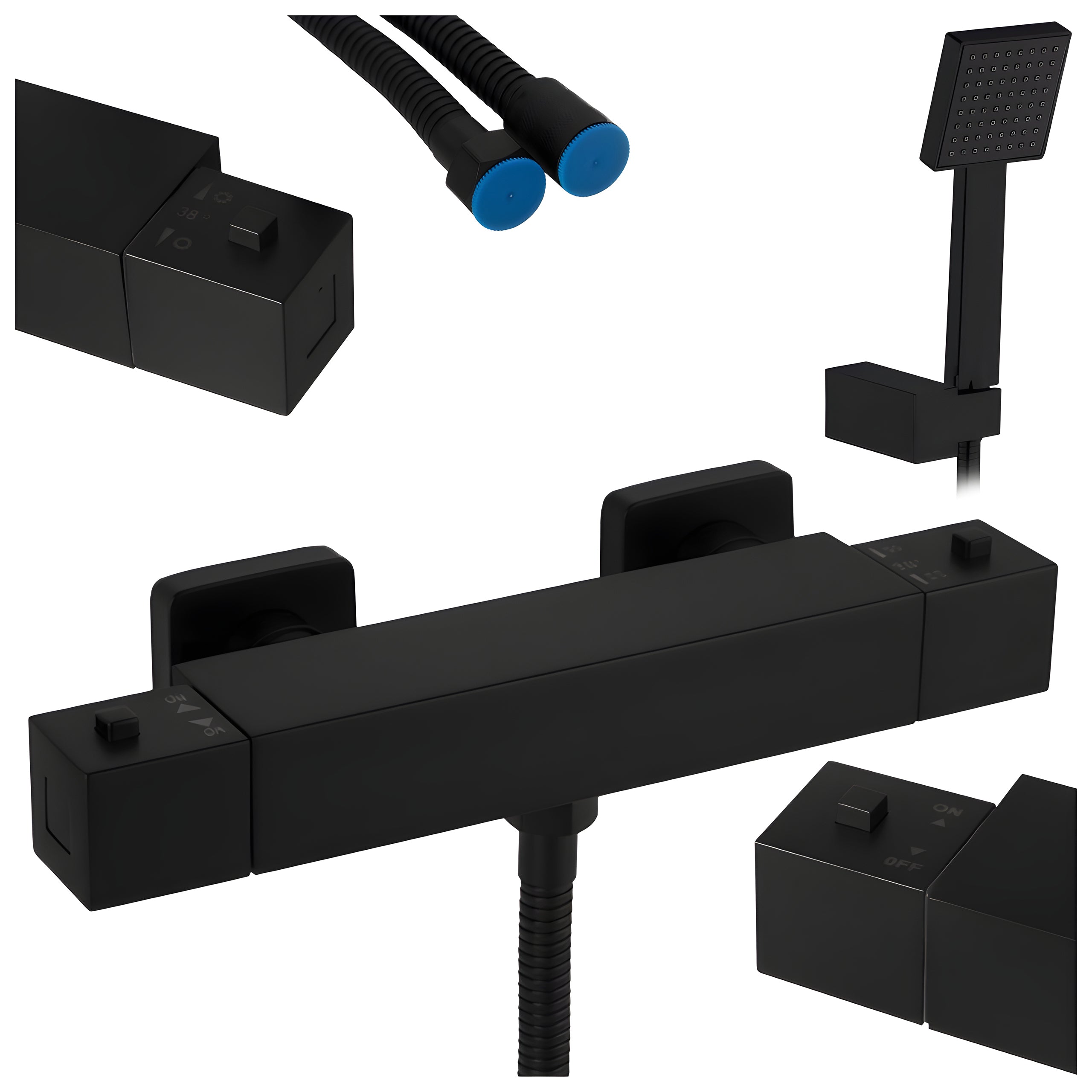 BATERIA WANNOWA ŚCIENNA PRYSZNICOWA ZESTAW Z TERMOSTATEM T202B-BL CZARNA T202B-BL