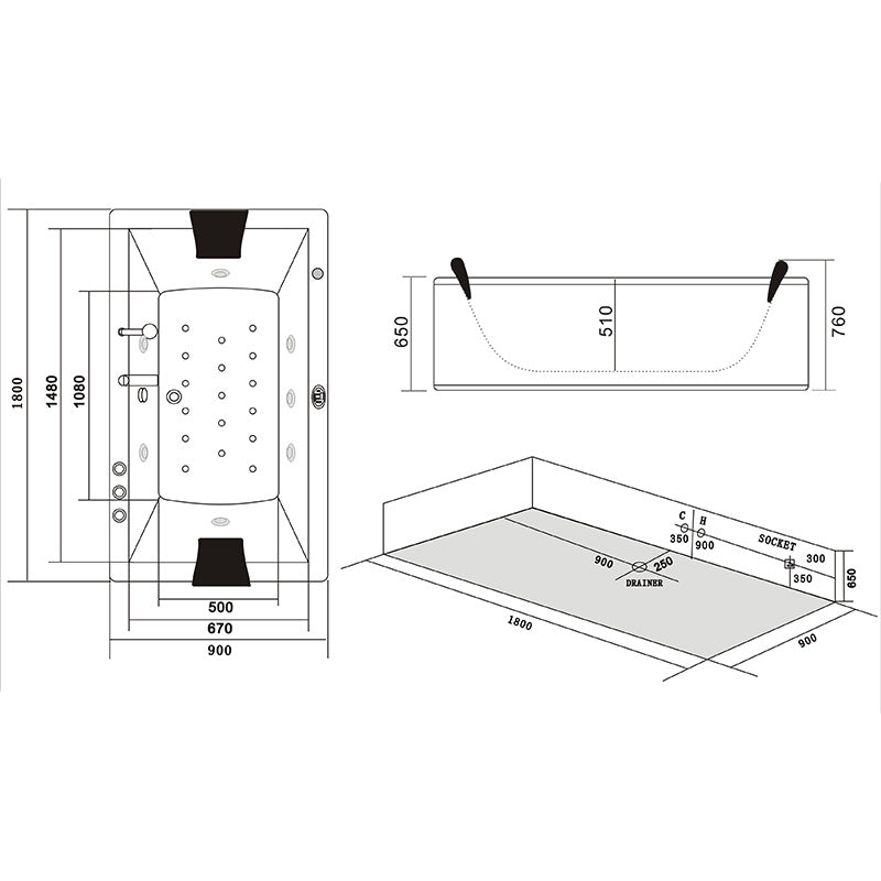 WANNA Z HYDROMASAŻEM RAMONA 640 BIAŁA 180x90 CM RAMONA-640-180X90