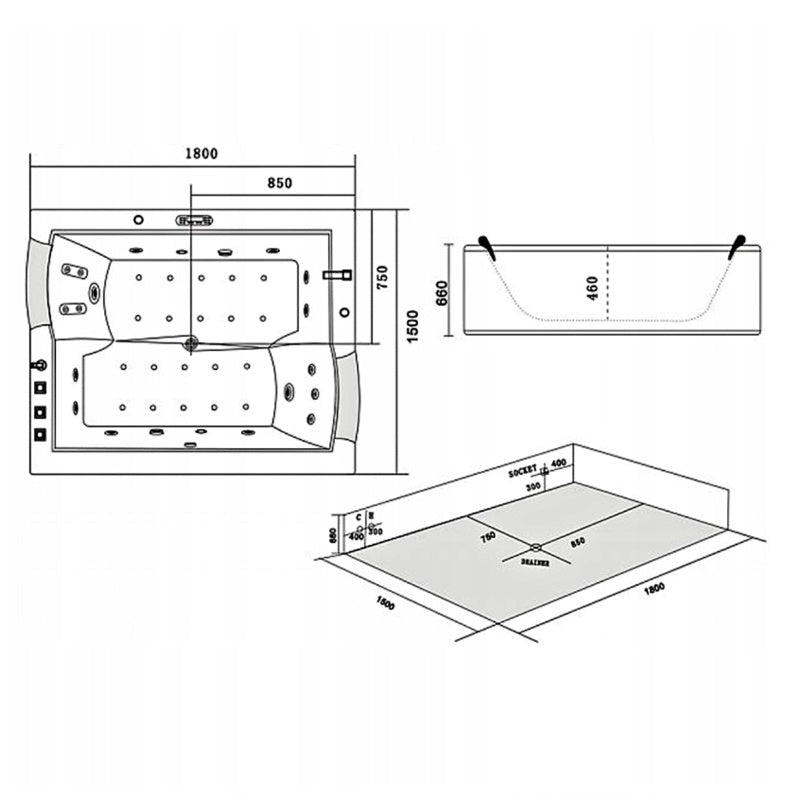 WANNA Z HYDROMASAŻEM DIABLO 666 DO ZABUDOWY BIAŁA 180x150 CM + OBUDOWA DIABLO-666-180+OBUD