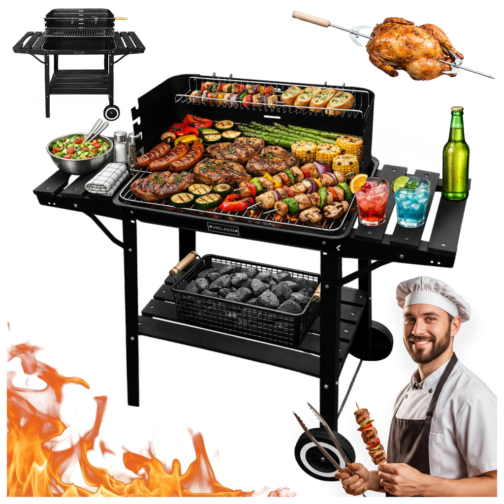GRILL OGRODOWY WĘGLOWY Z PÓŁKAMI I ROŻNEM VL06-RS CZARNY VL06-RS-BLACK