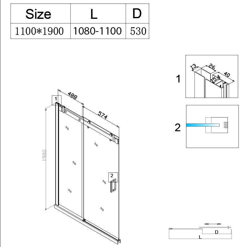 DRZWI PRYSZNICOWE PRZESUWNE DO WNĘKI SH03C CZARNE 105-110 CM 8 MM