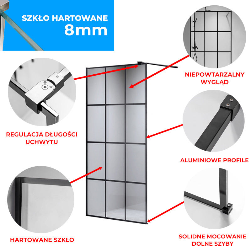 ŚCIANKA PRYSZNICOWA SH04B CZARNA 80 CM 8 MM SH04B-BL-80