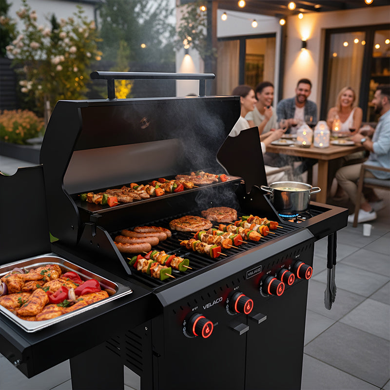 GRILL OGRODOWY GAZOWY Z POKRYWĄ I PÓŁKAMI ZEUS-C CZARNY RUSZT ŻELIWNY ZEUS-C