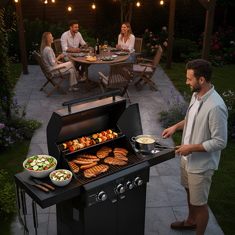GRILL OGRODOWY GAZOWY Z POKRYWĄ I PÓŁKAMI ZEUS-B CZARNY RUSZT ŻELIWNY ZEUS-B