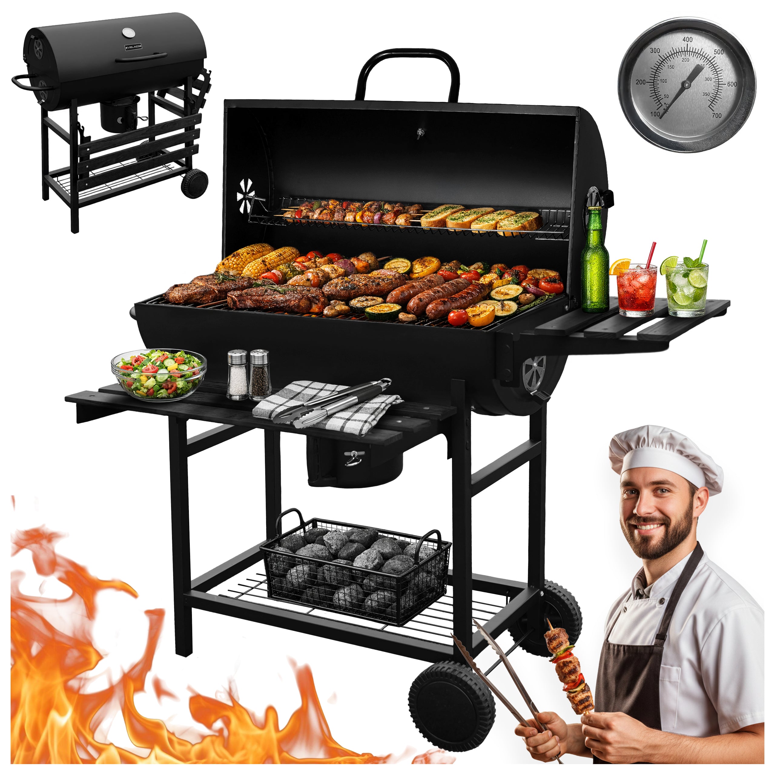 GRILL OGRODOWY WĘGLOWY Z POKRYWĄ I PÓŁKAMI VL03 CZARNY VL03-BLACK
