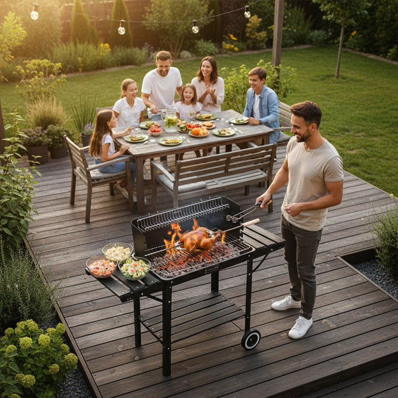 GRILL OGRODOWY WĘGLOWY Z PÓŁKAMI I ROŻNEM VL06-RS CZARNY VL06-RS-BLACK