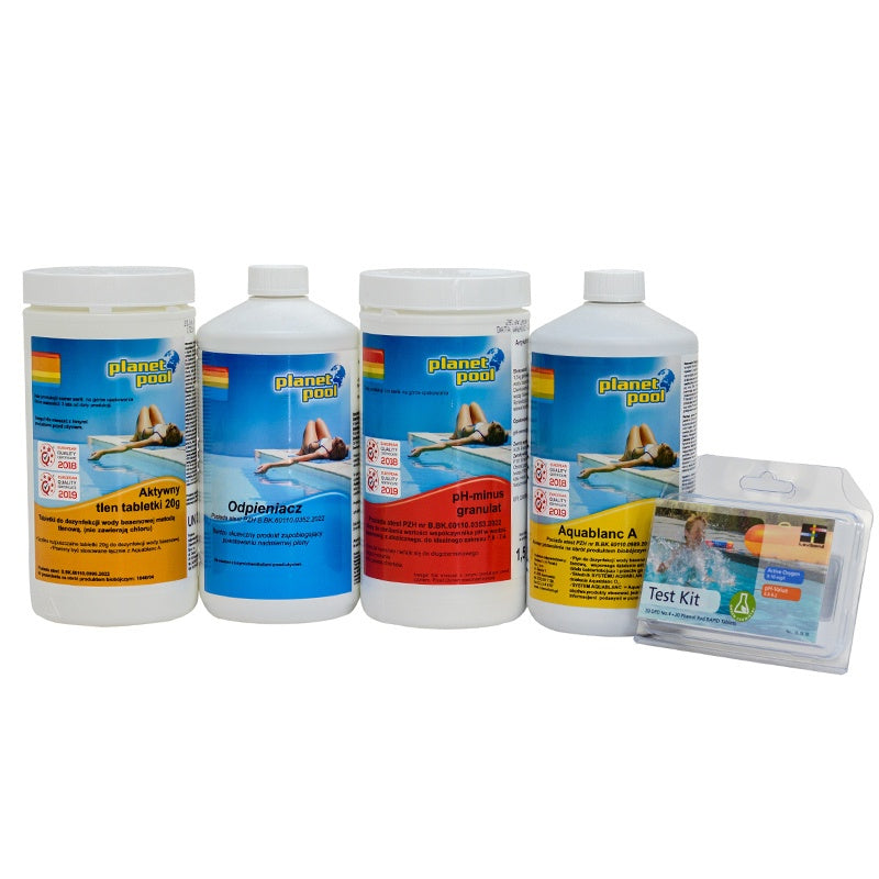 CHEMIA ZESTAW DO BASENU JACUZZI AKTYWNY TLEN PH MINUS ODPIENIACZ TESTER WHIRLPOOL SET1 STARTER-WHIRL-SET-1