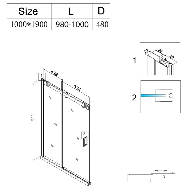 DRZWI PRYSZNICOWE SH03B CZARNE 95-100 CM 8 MM SH03B-BL-100