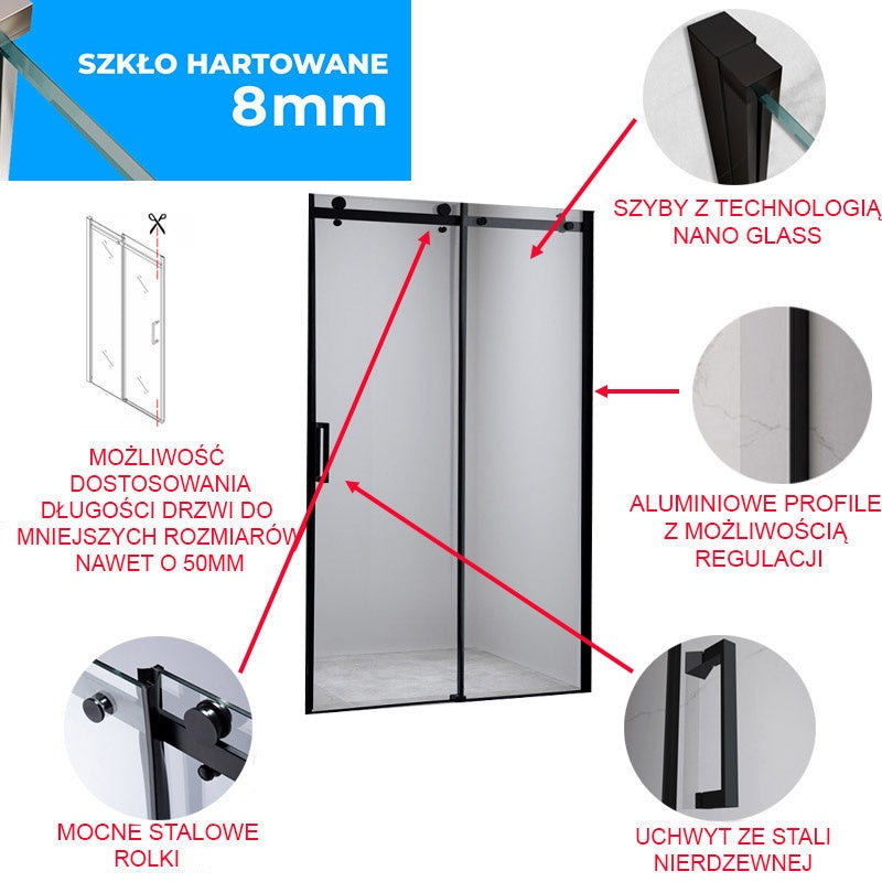 DRZWI PRYSZNICOWE SH03B CZARNE 95-100 CM 8 MM SH03B-BL-100