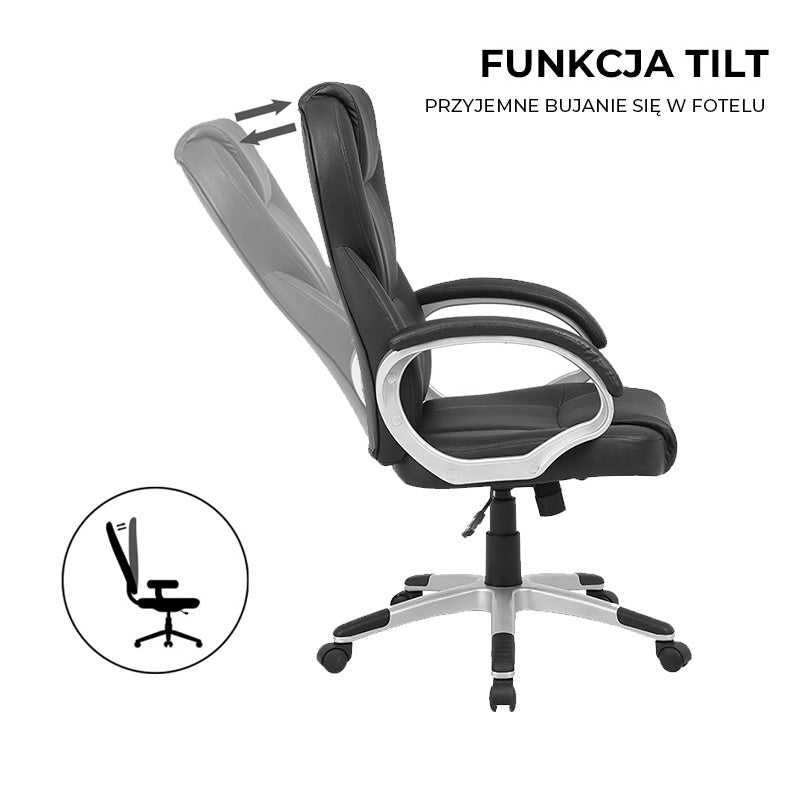 FOTEL BIUROWY OBROTOWY FUSIO CZARNA SKÓRA PU PODSTAWA CHROM FUSIO-BL