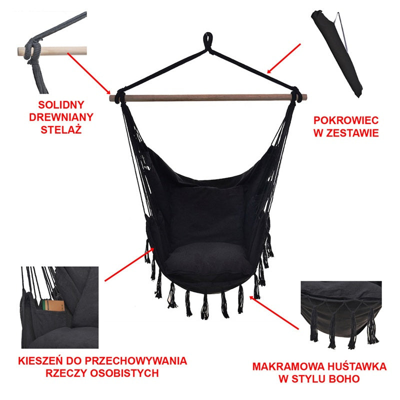 FOTEL OGRODOWY WISZĄCY KRZESŁO BRAZYLIJSKIE HAMAK HUŚTAWKA JULIA CZARNY JULIA-BL