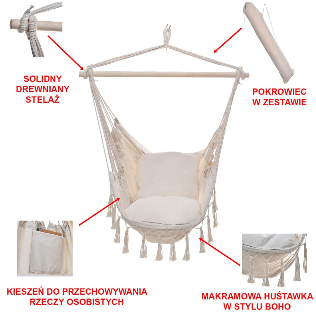 FOTEL OGRODOWY WISZĄCY KRZESŁO BRAZYLIJSKIE HAMAK HUŚTAWKA JULIA ECRU JULIA-WH