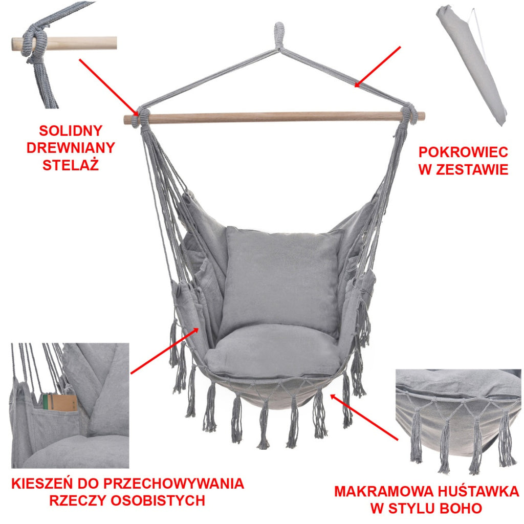 FOTEL OGRODOWY WISZĄCY KRZESŁO BRAZYLIJSKIE HAMAK HUŚTAWKA JULIA SZARY JULIA-GR