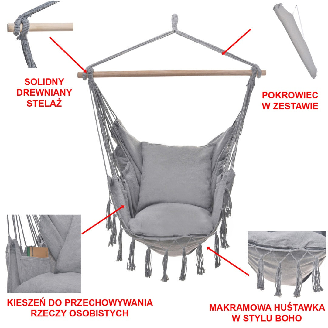 FOTEL OGRODOWY WISZĄCY KRZESŁO BRAZYLIJSKIE HAMAK HUŚTAWKA JULIA SZARY JULIA-GR