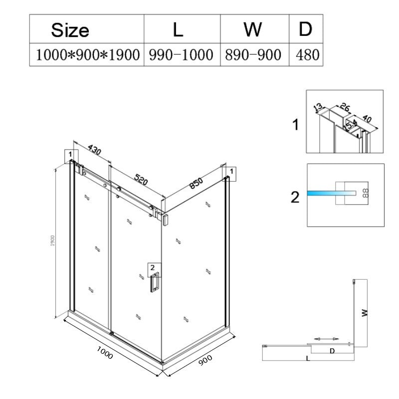KABINA PRYSZNICOWA PROSTOKĄTNA BS14A CZARNA 100x90 CM BS14A-100X90