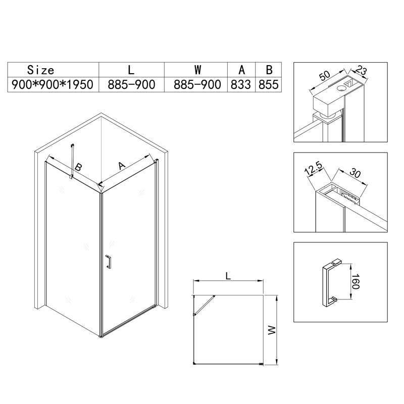 KABINA PRYSZNICOWA KWADRATOWA ZAR-900 CHROM 90x90 CM ZAR-900