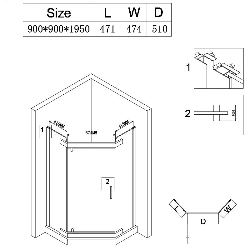 KABINA PRYSZNICOWA PIĘCIOKĄTNA KZ91B ZŁOTY 90x90 CM KZ91B-GL-90