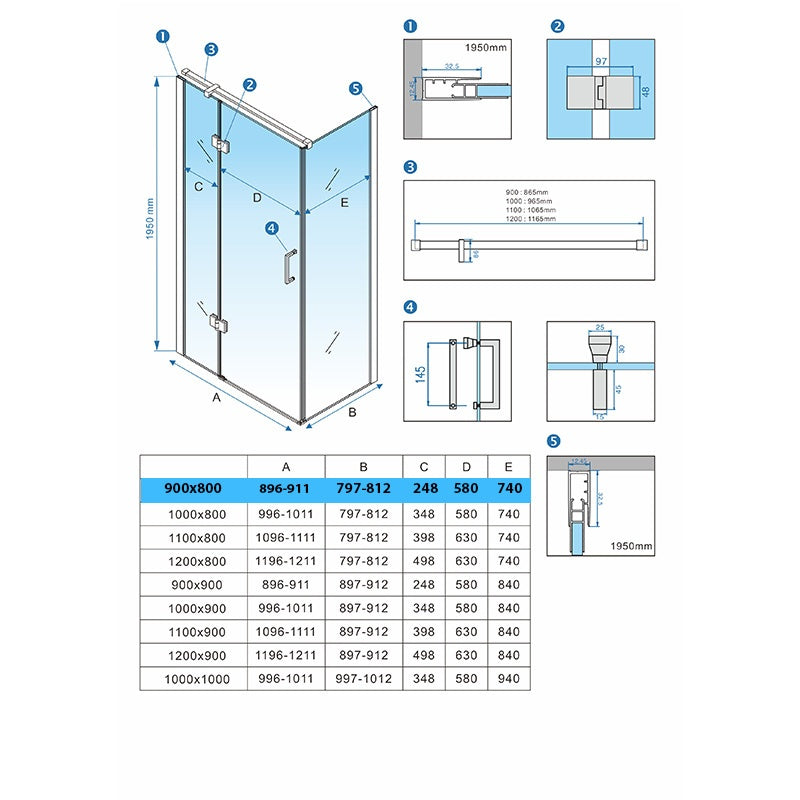 KABINA PRYSZNICOWA PROSTOKĄTNA KZ02A CZARNA 90x80 CM KZ02A-BL-90X80