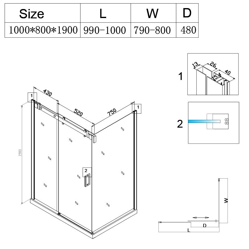 KABINA PRYSZNICOWA PROSTOKĄTNA KZ203A BIAŁA 100x80 CM KZ203A-WH-100X80