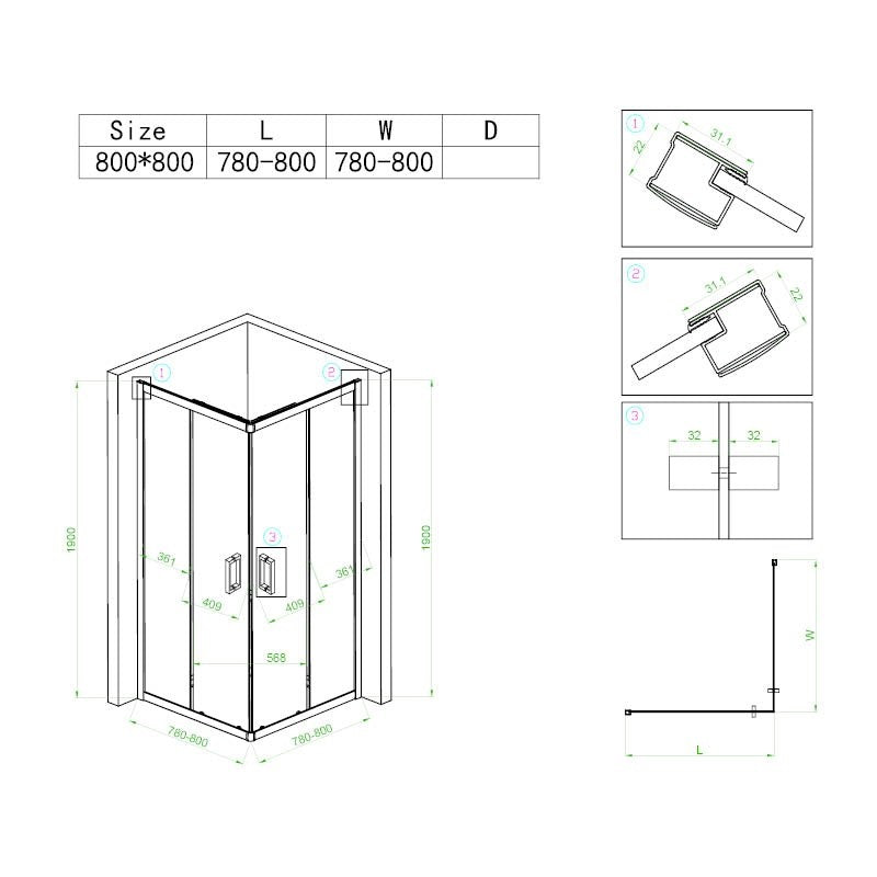 KABINA PRYSZNICOWA KWADRATOWA BL30A CZARNA 80x80 CM BL30A-80