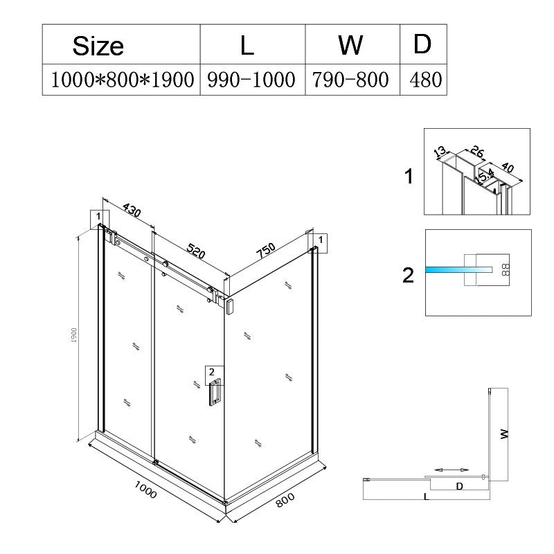 KABINA PRYSZNICOWA PROSTOKĄTNA BS15A CZARNA 100x80 CM BS15A-100X80