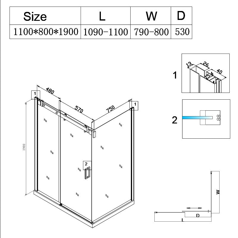 KABINA PRYSZNICOWA PROSTOKĄTNA KZ203B CHROM 110x80 CM KZ203B-110X80