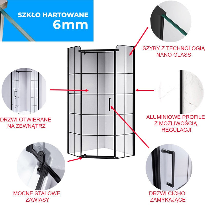 KABINA PRYSZNICOWA PIĘCIOKĄTNA BS06B CZARNA 90x90 CM BS06B-90