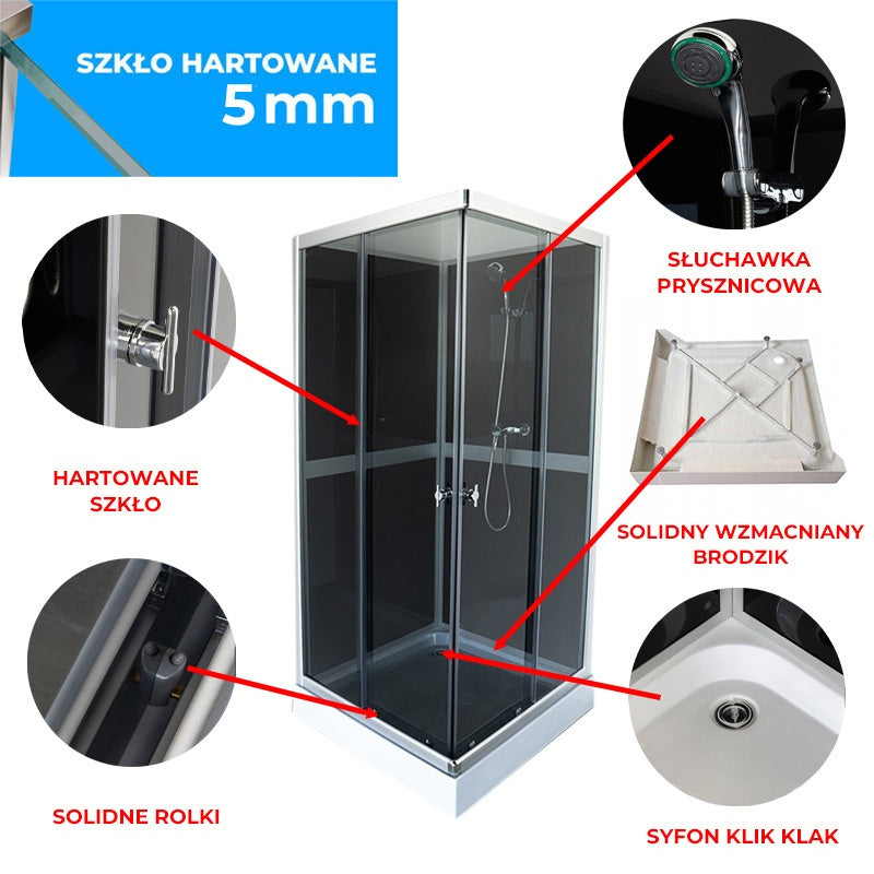 KABINA PRYSZNICOWA KWADRATOWA Z BRODZIKIEM WSH309B SZARA 90x90 CM WSH309B-GR-90