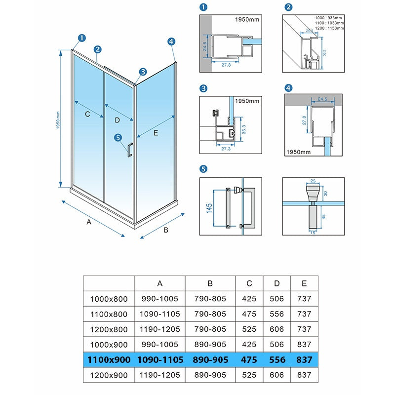 KABINA PRYSZNICOWA PROSTOKĄTNA KZ104B CHROM 110x90 CM KZ104B-110X90