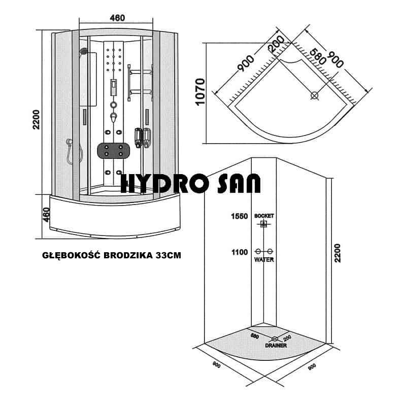 KABINA PRYSZNICOWA Z HYDROMASAŻEM I SAUNĄ WSH6801AS 90x90 CM WSH6801AS-90
