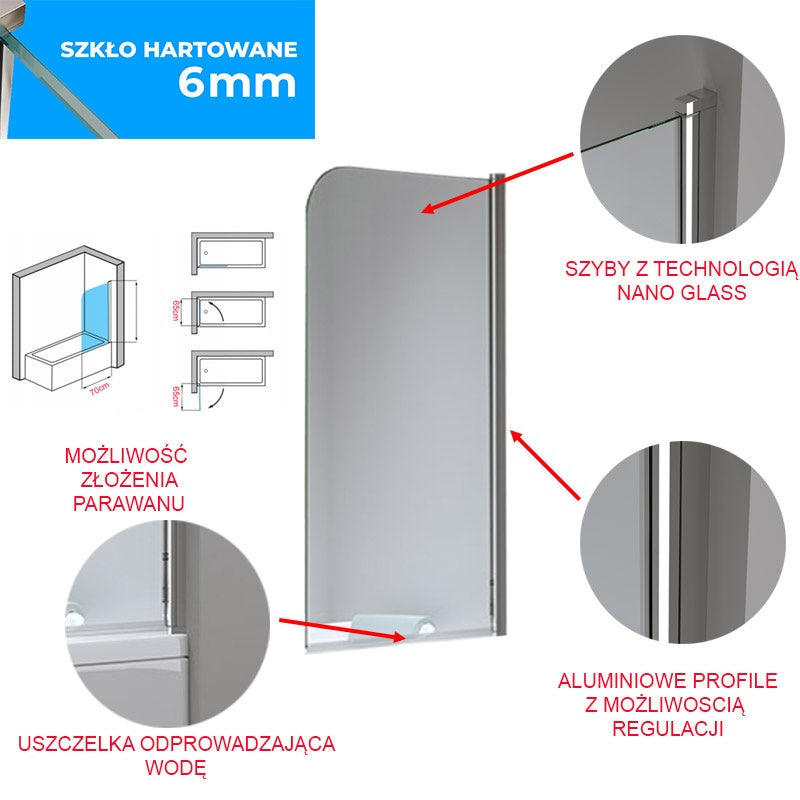 Parawan nawannowy 70x140 cm PR01 Chrom szkło 6mm PR01-70X140