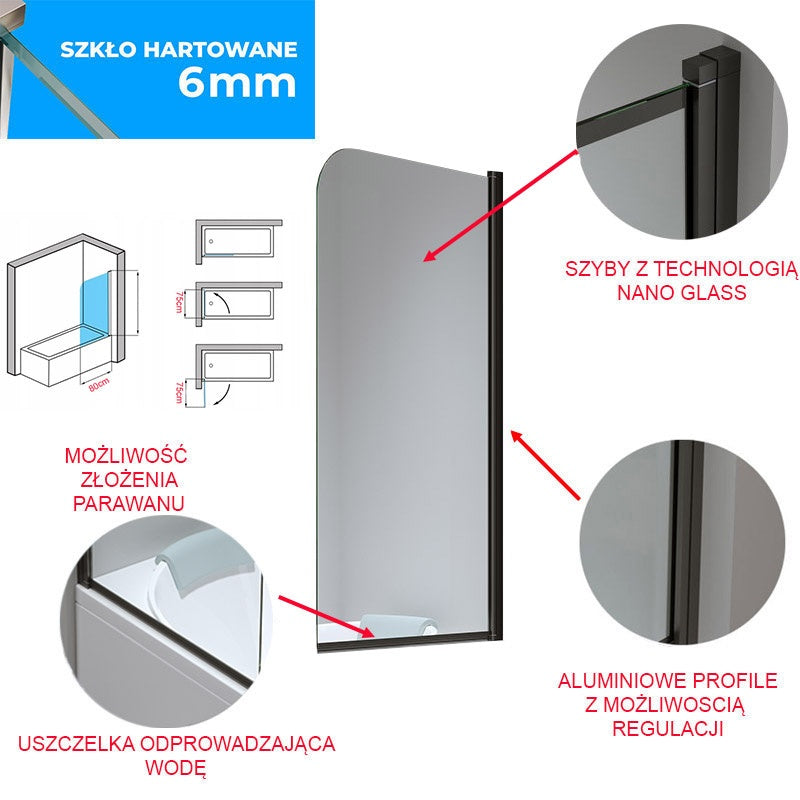 PARAWAN NAWANNOWY 80X140 CM PR01 CZARNY SZKŁO 6MM PR01-BL-80X140