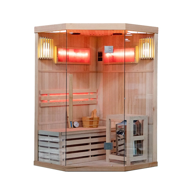SAUNA FIŃSKA WYSOKOTEMPERATUROWA Z PIECEM KEMI2/HARVIA 1-2 OSOBOWA 120x120 KEMI2