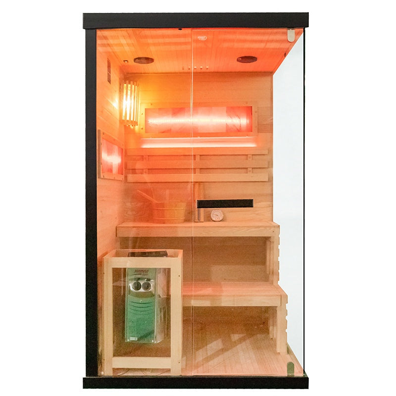 SAUNA FIŃSKA WYSOKOTEMPERATUROWA Z PIECEM LARK1/HARVIA 3,5KW 1-2 OSOBOWA 120x120 CM LARK1