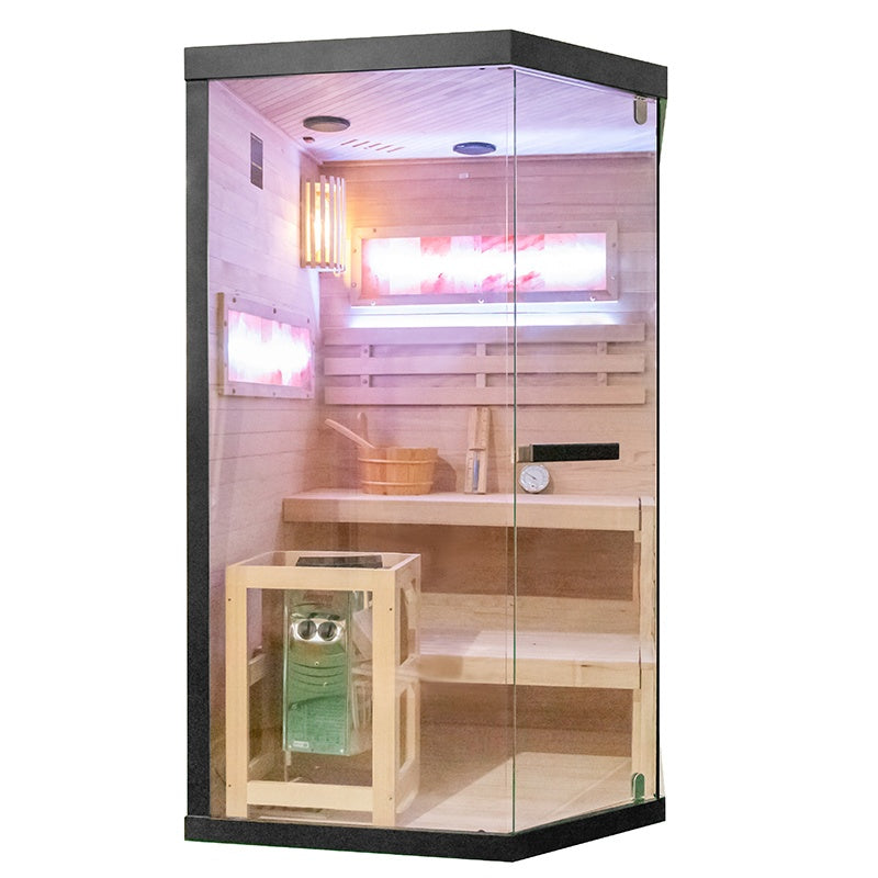 SAUNA FIŃSKA WYSOKOTEMPERATUROWA Z PIECEM LARK1/HARVIA 3,5KW 1-2 OSOBOWA 120x120 CM LARK1