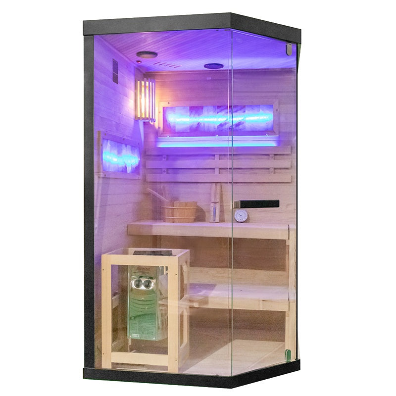 SAUNA FIŃSKA WYSOKOTEMPERATUROWA Z PIECEM LARK1/HARVIA 3,5KW 1-2 OSOBOWA 120x120 CM LARK1