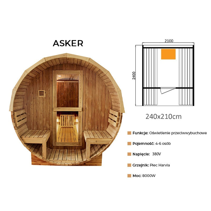 SAUNA OGRODOWA FIŃSKA BECZKA Z PIECEM ASKER 4-6 OSOBOWA 210x240 CM ASKER